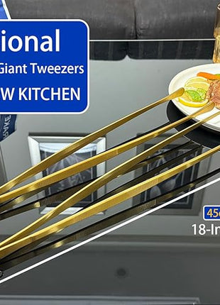 JETKONG 2 Pcs 18 Inch (45cm) Stainless Steel Grill Tongs Heavy Duty Giant Tweezer Tongs, Extra Large Tweezers Tools for Cooking, Grilling, BBQ and Turning Food (Gold)