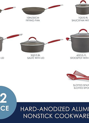 Rachael Ray - 87630 Rachael Ray Cucina Hard Anodized Nonstick Cookware Pots and Pans Set, 12 Piece, Gray with Red Handles