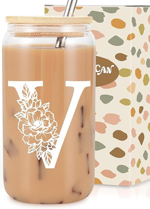 Coolife Initial Glass Cup, Monogrammed Gifts for Women, 16 oz Glass Cups w/Lids Straws, Iced Coffee Smoothie Beer Tumbler w/Straw Lid - Personalized Christmas, Birthday Gifts for Her Mom Friend Woman