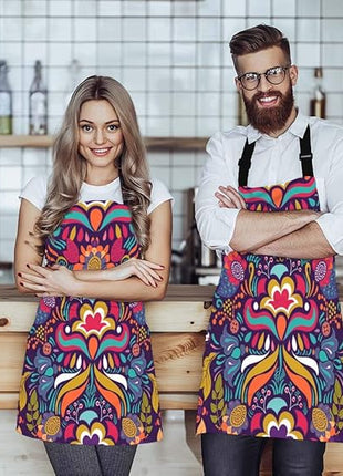 EKOBLA Vintage Flower Aprons Decorative Paisley Colorful Floral Pattern Bright Ornament Waterproof Resistant Chef Cooking Kitchen BBQ Adjustable Aprons for Women Men 27x31 Inch