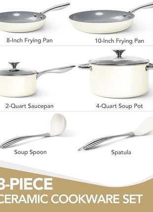MICHELANGELO Ceramic Pots and Pans Set Non Stick - 8 Pcs Ceramic Cookware Set Non Toxic, Healthy Cooking Set with Ergonomic Handle, Oven Safe & Compatible with All Stovetops - Cream