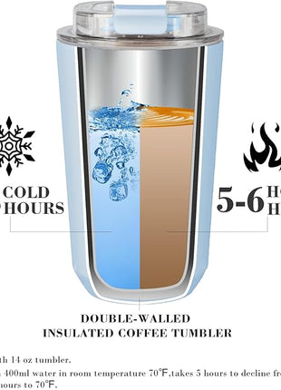 Puraville Insulated Tumblers with Lid, 14 oz Travel Coffee Mug Stainless Steel Vacuum Cup, Leak Proof Reusable Double Walled Coffee Tumbler for Iced and Hot Drinks, Light Blue