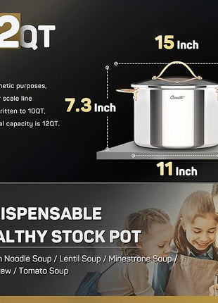 Stock Pot 12 Quart, 18/10 Tri-Ply Stainless Steel All Clad Stock Pot with Lid, Seamless 12 QT Cooking Pot with Copper Handle, Healthy Stockpots, Induction, Gas, Oven and Dishwasher Safe
