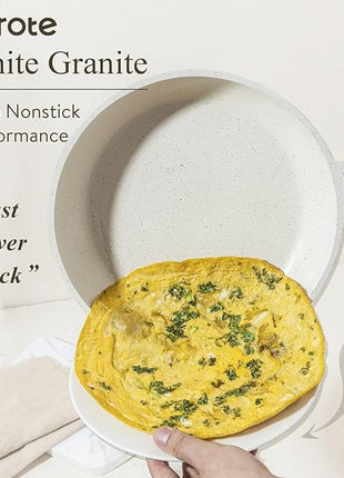 CAROTE Non Stick Frying Pan Skillet, Omelet Pan, Healthy Non Toxic Granite Chef Pan, Induction Compatible Egg Frying Pan with Heat-Resistant Handle, PFOA-Free, Cream White, 12"