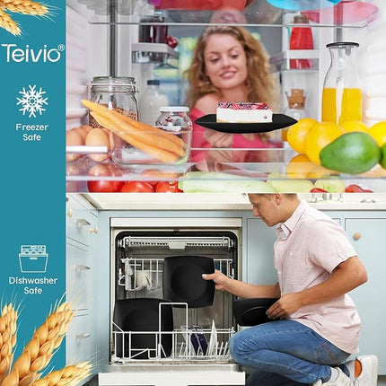 Teivio 32-piece Plastic Wheat Straw Square Dinnerware Set for 8, Unbreakable Dinner Plates, Salad Plates, Snack Bowls, Tumblers, Dishwasher Safe, Black