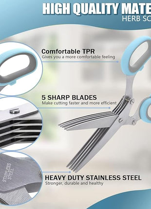 LHS Herb Scissors, Multipurpose 5 Blade Kitchen Herb Shears with Safety Cover, Kitchen Scissors for Chopping Basil Chive Parsley -Blue