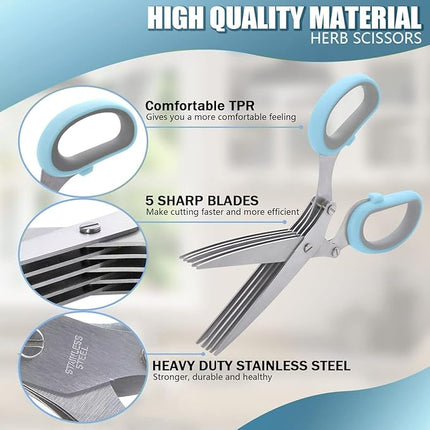 LHS Herb Scissors, Multipurpose 5 Blade Kitchen Herb Shears with Safety Cover, Kitchen Scissors for Chopping Basil Chive Parsley -Blue