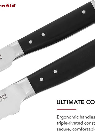 KitchenAid Gourmet 2 Piece Forged Triple Rivet Knife Set, 4.5 inch Fine Edge Utility Knife and 3.5 inch Paring Knife Set, Sharp Kitchen Knives, High Carbon Japanese Stainless Steel, Black