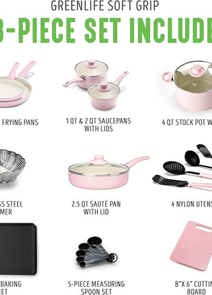 GreenLife Soft Grip Healthy Ceramic Nonstick 18 Piece Kitchen Cookware Pots and Frying Sauce Saute Pans Set, PFAS-Free with Kitchen Utensils and Lid, Dishwasher Safe, Soft Pink