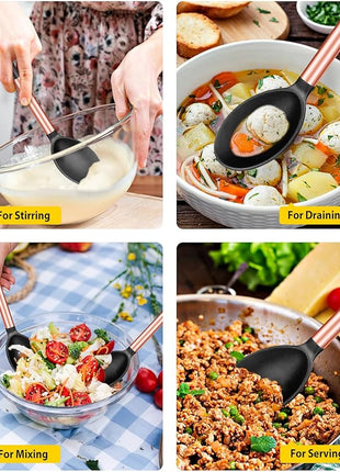 Pack of 2 Large Silicone Cooking Spoons,Non Stick Solid Basting Spoon,Heat-Resistant Kitchen Utensils for Mixing,Serving,Draining,Stirring (ROSE GOLD BLACK)