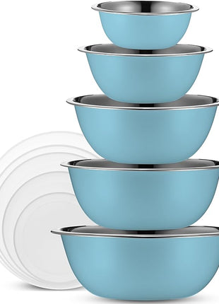 WHYSKO Stainless Steel Mixing Bowl Set, 10 Piece Stainless Steel Mixing Bowls with Lids Set for Food Prep Storage and Serving, Dishwasher Safe for Kitchen Baking Cooking, Light Blue