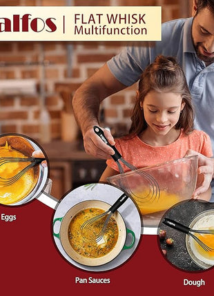 Walfos Silicone Flat Whisk,11inch Flat Whisk Non Scratch Coated Flat Whisks for Cooking.Great for Ceramic Coated pans and Wider shallower pots.Black