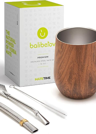 BALIBETOV Premium Stainless Steel Yerba Mate Gourd Set, 5 Pcs Including 12 oz Gourd with Lid, 2 Bombillas, Cleaning Brush | BPA Free, Insulated