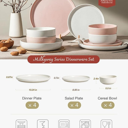 Famiware Milkyway Plates and Bowls Sets, 12 Pieces Dinnerware Sets, Reactive Glaze Dish Set, Stoneware Dishes Set for 4, Matte Beige White & Light Pink