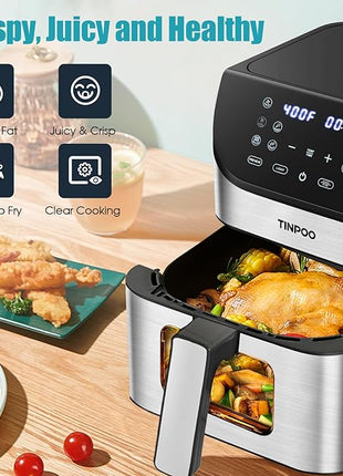 Air Fryer TINPOO 6.2 QT Oilless Large Capacity 1500W Oven Air Fryers Healthy Cooker with 10 Preset, Visual Cooking Window, Non-Stick Basket