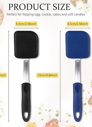 Silicone Cookie Spatula Turner 2 Pack Mini Brownie Spatula Flexible Kitchen Small Silicone Turner for Nonstick Cookware Heat Resistant No Scratch Flipper for Egg Pancake(Black,Blue)