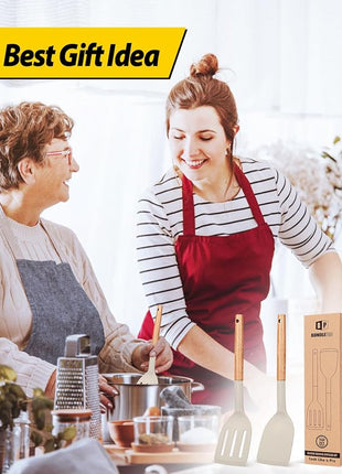 Pack of 2 Silicone Cooking Spatula, Heat Resistant Solid Turner, Non Stick Slotted Spatulas with Wooden Short Handle,Ideal Wood Kitchen Utensils Set for Frying, Baking, Flipping, Turning