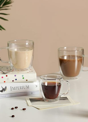 CNGLASS Double Wall Glass Coffee Mugs 12 oz,Insulated Glass Coffee Cups with Handle,Clear Espresso Mugs for Cappuccino,Latte,Tea Bags,Hot and Cold Beverages,Set of 2