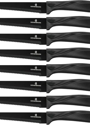 G.a HOMEFAVOR Steak Knife Set: 8-Piece Stainless Steel Sharp Serrated Knives Set for Kitchen, Full Black