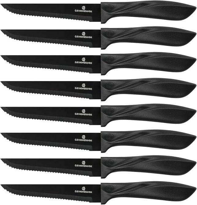 G.a HOMEFAVOR Steak Knife Set: 8-Piece Stainless Steel Sharp Serrated Knives Set for Kitchen, Full Black