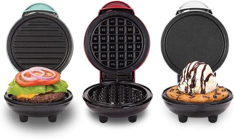 DASH Mini Waffle Maker + Grill + Griddle, 3 in 1 Pack - Red/Aqua/White