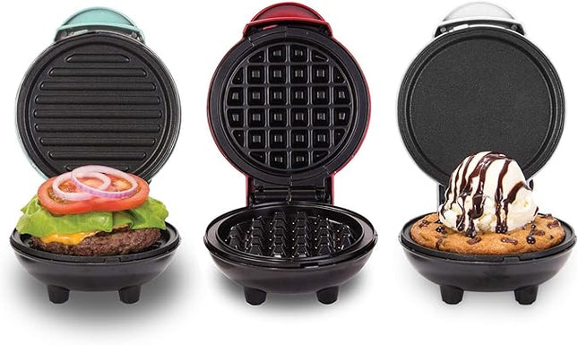 DASH Mini Waffle Maker + Grill + Griddle, 3 in 1 Pack - Red/Aqua/White