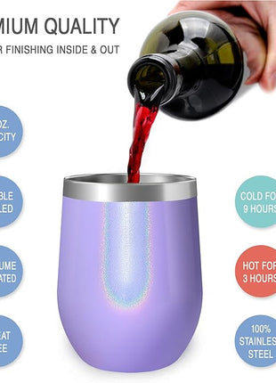 CHILLOUT LIFE 12 oz Stainless Steel Wine Tumbler with Lid - Double Wall Vacuum Insulated Wine Cup Glass Keeping Cold & Hot for Coffee, Champagne, Cocktails, Ice Cream - Purple Sparkle