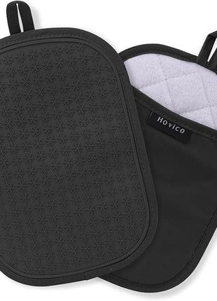 Hovico 2PCS Silicone Pot Holders, Oven Mitts Heat Resistant Hot Pads with Pockets, Non Slip Pot Holder for Kitchen Baking and Cooking| 9.8 x 7 Inches | Towel Cloth Interior Lining - Black