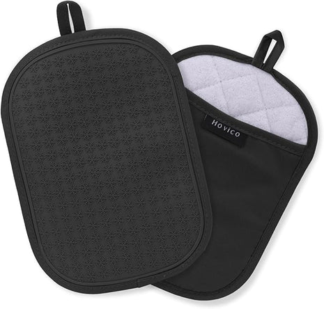 Hovico 2PCS Silicone Pot Holders, Oven Mitts Heat Resistant Hot Pads with Pockets, Non Slip Pot Holder for Kitchen Baking and Cooking| 9.8 x 7 Inches | Towel Cloth Interior Lining - Black