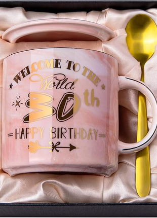 30th Birthday Gifts for Women, Unique Happy 30 Year Old Birthday Gifts Ideas for Women, Wife, Mom, Daughter, Sister, Aunt, Best Friends, BFF, 14Oz Fabulous Pink Marble Mug with Gold Pattern, Gift Box