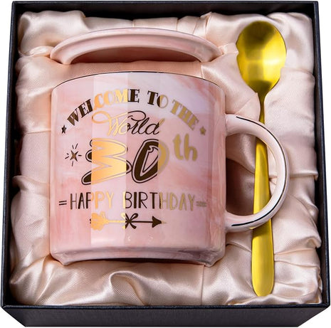 30th Birthday Gifts for Women, Unique Happy 30 Year Old Birthday Gifts Ideas for Women, Wife, Mom, Daughter, Sister, Aunt, Best Friends, BFF, 14Oz Fabulous Pink Marble Mug with Gold Pattern, Gift Box
