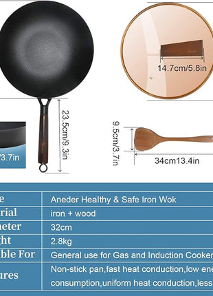 Carbon Steel Wok Pan with Lid & Wood Spatula, 12.5" Cast Iron Stir Fry Pan with Flat Bottom and Wooden Handle for Electric, Induction and Gas Stoves