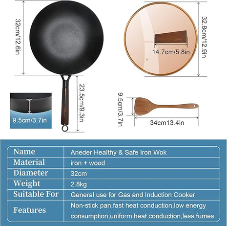 Carbon Steel Wok Pan with Lid & Wood Spatula, 12.5" Cast Iron Stir Fry Pan with Flat Bottom and Wooden Handle for Electric, Induction and Gas Stoves