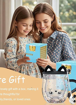 Gifts for Women Cat Gifts Double Walled Glass Coffee Latte Cup Cute Stuff Black Cat Mug Gifts for Her Christmas Stocking Fillers,Birthday,Valentines,Halloween Presents for Women,Men,Kid,Mum,Teacher