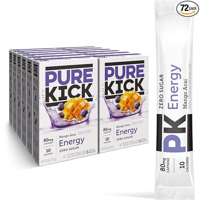 Pure Kick Energy Singles To Go Drink Mix, Mango Acai, Includes 12 Boxes with 6 Packets in each Box, 72 Total Packets