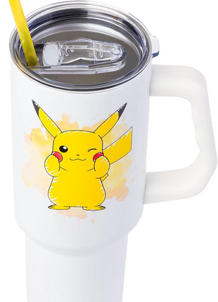 Silver Buffalo Pokémon Stainless Steel Tumbler with Handle Featuring Pikachu, Fits in Standard Cup Holder, 40 Ounces