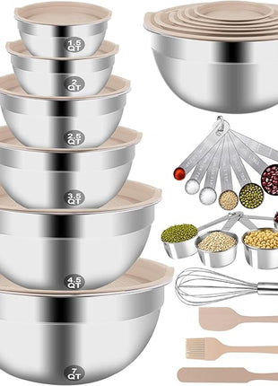 Mixing Bowls Set, 27PCS Khaki Mixing Bowls With Lids Set Stainless Steel Kitchen Large Nesting Metal Bowl 7QT to 1.5QT, Measuring Cups and Spoons for Prepping Cooking Serving