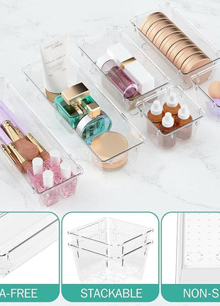 WOWBOX 12 Pack Clear Drawer Organizer Set, Acrylic Drawer Storage Trays, Storage Bins for Makeup, Cosmetics, Jewelries, Utensils, Gadgets, Office