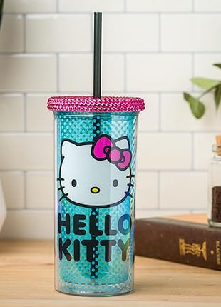 Silver Buffalo Sanrio Hello Kitty Blue Polka Dot Plastic Cold Cup with Rhinestones Lid and Straw, 20 Ounces