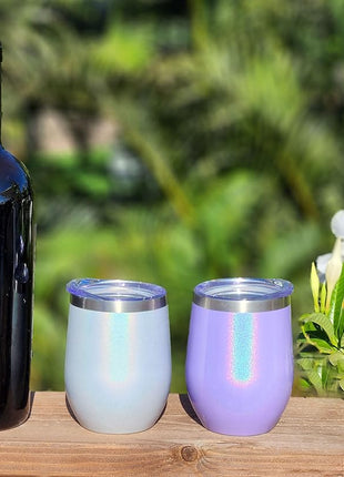 CHILLOUT LIFE 12 oz Stainless Steel Wine Tumbler with Lid - Double Wall Vacuum Insulated Wine Cup Glass Keeping Cold & Hot for Coffee, Champagne, Cocktails, Ice Cream - Purple Sparkle