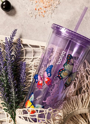 bzyoo SIP 24oz (710ml) Double Wall Plastic Tumbler with Lid and Straw Cold Drink Travel Mug Reusable Party Cup Perfect for Ice Coffee, Tea Office Poolside Parties Gifts Color: Butterfly Purple