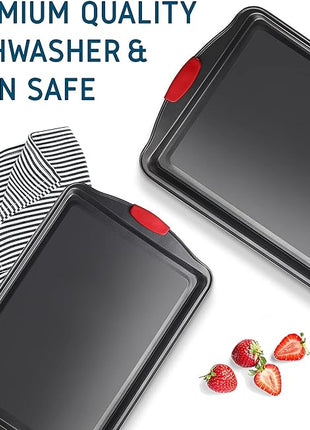 JOYTABLE Baking Sheet, 2PC Cookie Sheet Set with Silicone Handles, Nonstick Steel Baking Pan, Baking Sheets for Oven, BPA Free Baking Pans Set, Cookie Sheets– Black Bakeware, Small & Medium