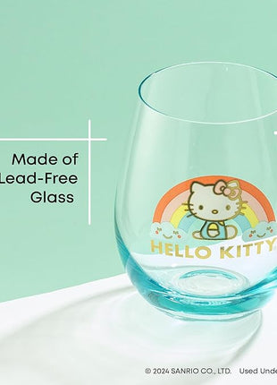 JoyJolt Hello Kitty Sweet Rainbow Stemless Drinking Glasses Set of 4, 19oz Glass Cups, Kawaii Kitchen Glassware Sets, Sanrio Hello Kitty Merch, Teardrop Tumblers for Water, Juice, Coffee, Iced Tea