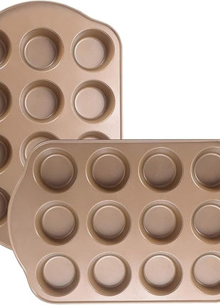 2 Pack Nonstick Muffin Pan Set, 12-Cup Heavy Duty Cupcake Baking Pan with Handles - PFOA-Free Muffin Tin, Rust Proof & Warp Resistant, Oven Safe 430°F (Gold)