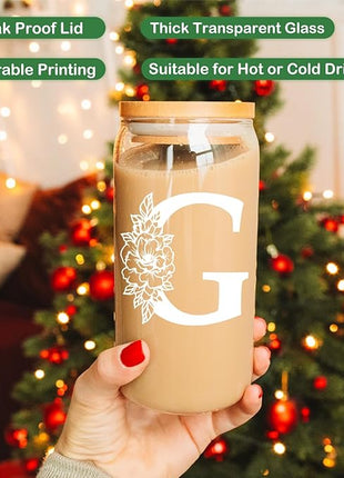 Coolife Initial Glass Cup, Monogrammed Gifts for Women, 16 oz Glass Cups w/Lids Straws, Iced Coffee Smoothie Beer Tumbler w/Straw Lid - Personalized Christmas, Birthday Gifts for Her Mom Friend Woman
