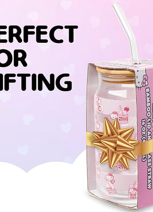 Silver Buffalo Sanrio Hello Kitty Strawberry Milk Pink Glass Jar Tumbler with Bamboo Lid and Glass Straw, 16 Ounces