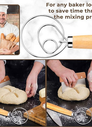 Danish Dough Whisk Bread Mixer，2 Pack Premium Stainless Steel Dutch Whisk With a Dough Scraper for Bread, Pastry or Pizza Dough - Perfect Baking