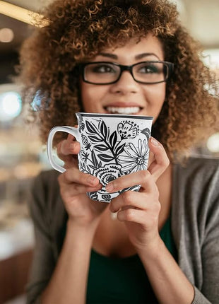 Karma Gifts 16 oz Black and White Boho Mug Floral - Cute Coffee and Tea Mug - Ceramic Coffee Mugs for Women and Men, 4.25" x 3.7"