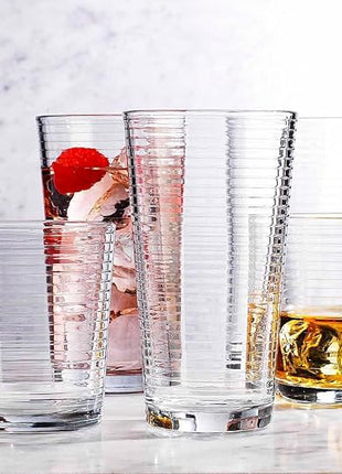 Drinking Glasses - Set of 8 Glass Cups, 4 Highball Glasses (17oz) 4 Rocks Glasses (13oz) Ribbed Glasses for Mixed Drinks, Water, Juice, beer, Wine, Excellent Gift!