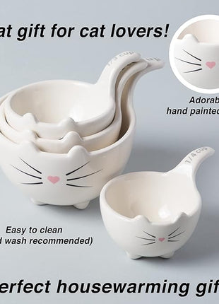 White Ceramic Cat Measuring Cups: Set of Cat Shaped Bowls - 1 Cup, 1/2 Cup, 1/3 Cup and 1/4 Cup